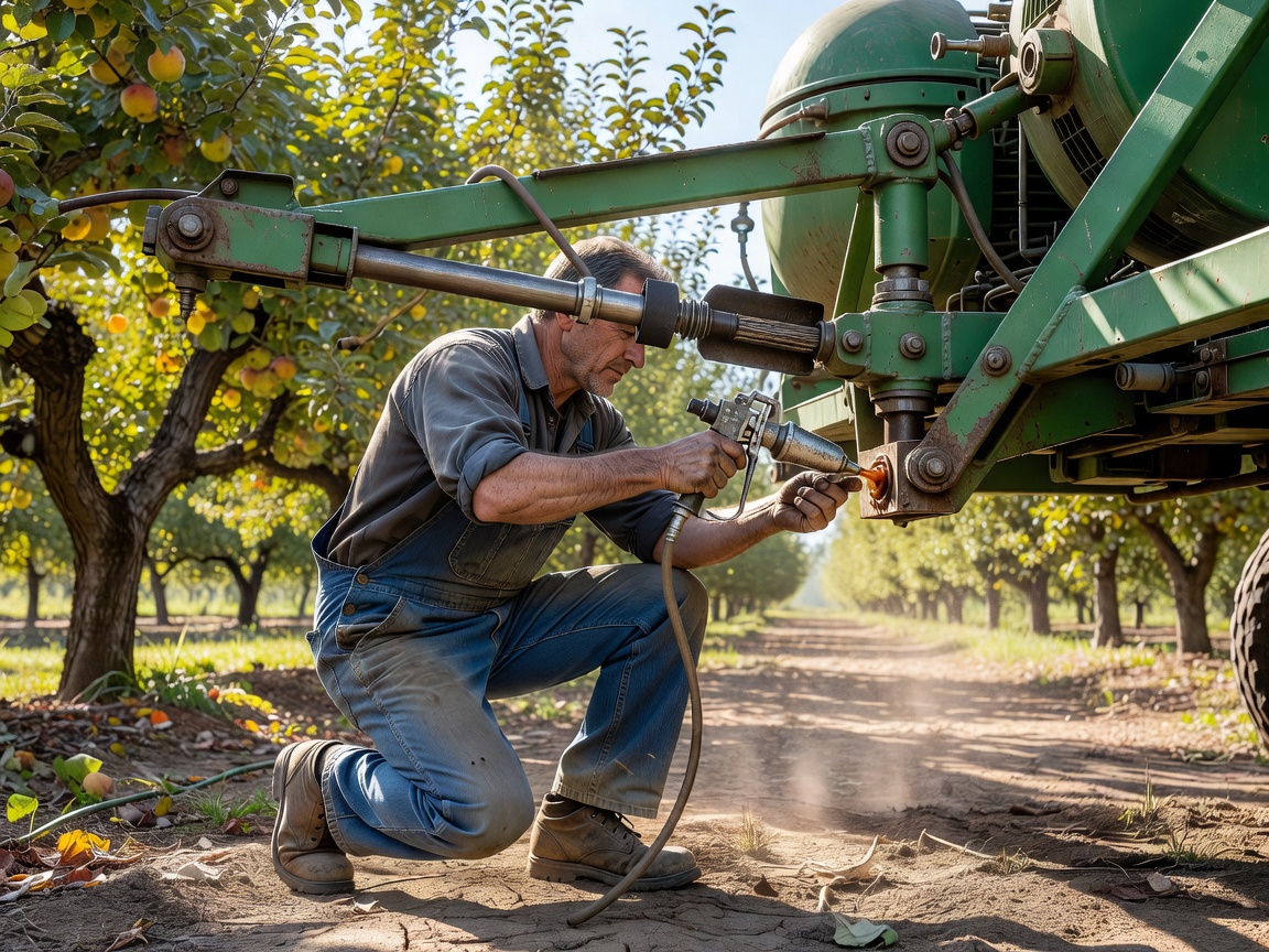 Agricultural mechanic greasing PTO driveline joints on an orchard air-blast sprayer