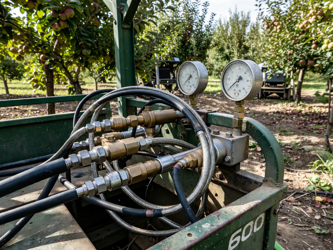 Close inspection of hydraulic connectors and pressure gauges on a fruit orchard utility carrier