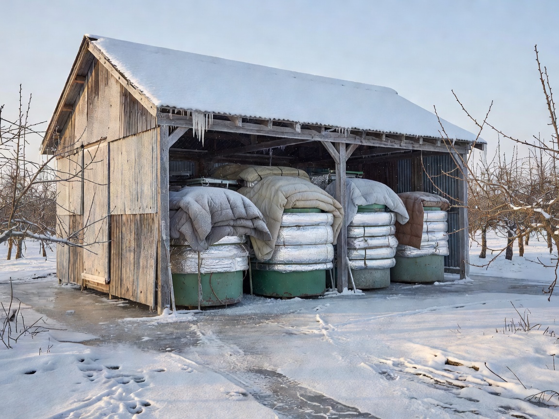 Covered orchard machinery storage shed with spray tanks drained and protected for sub-zero winter temperatures