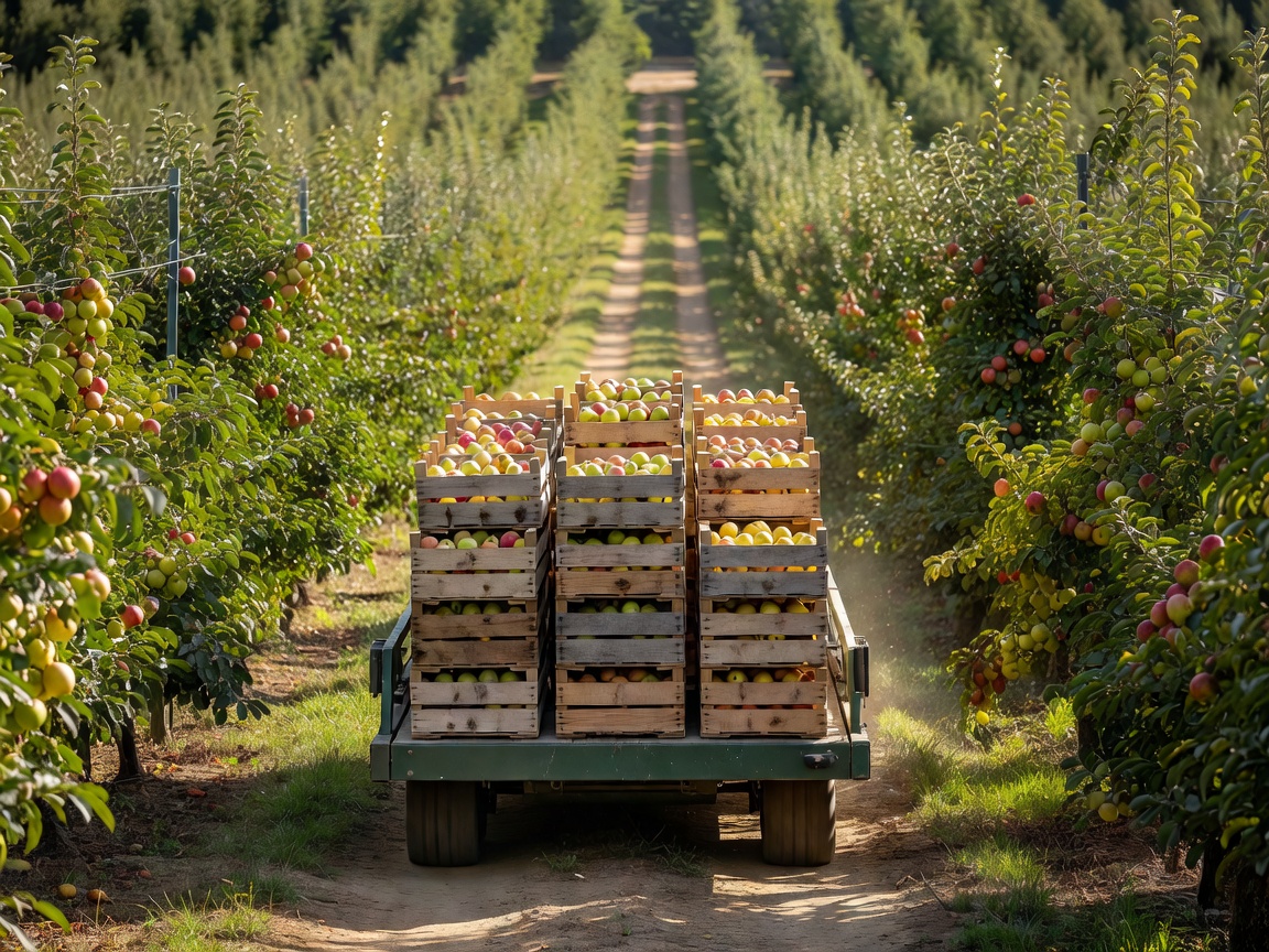 Orchard harvesting platform moving smoothly down an alley between trellised fruit trees loaded with wooden fruit bins