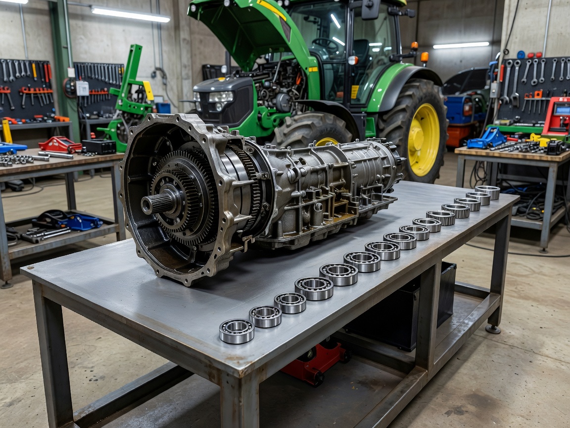 Orchard machinery workshop with tractor transmission disassembled on a clean rebuild bench with new bearings