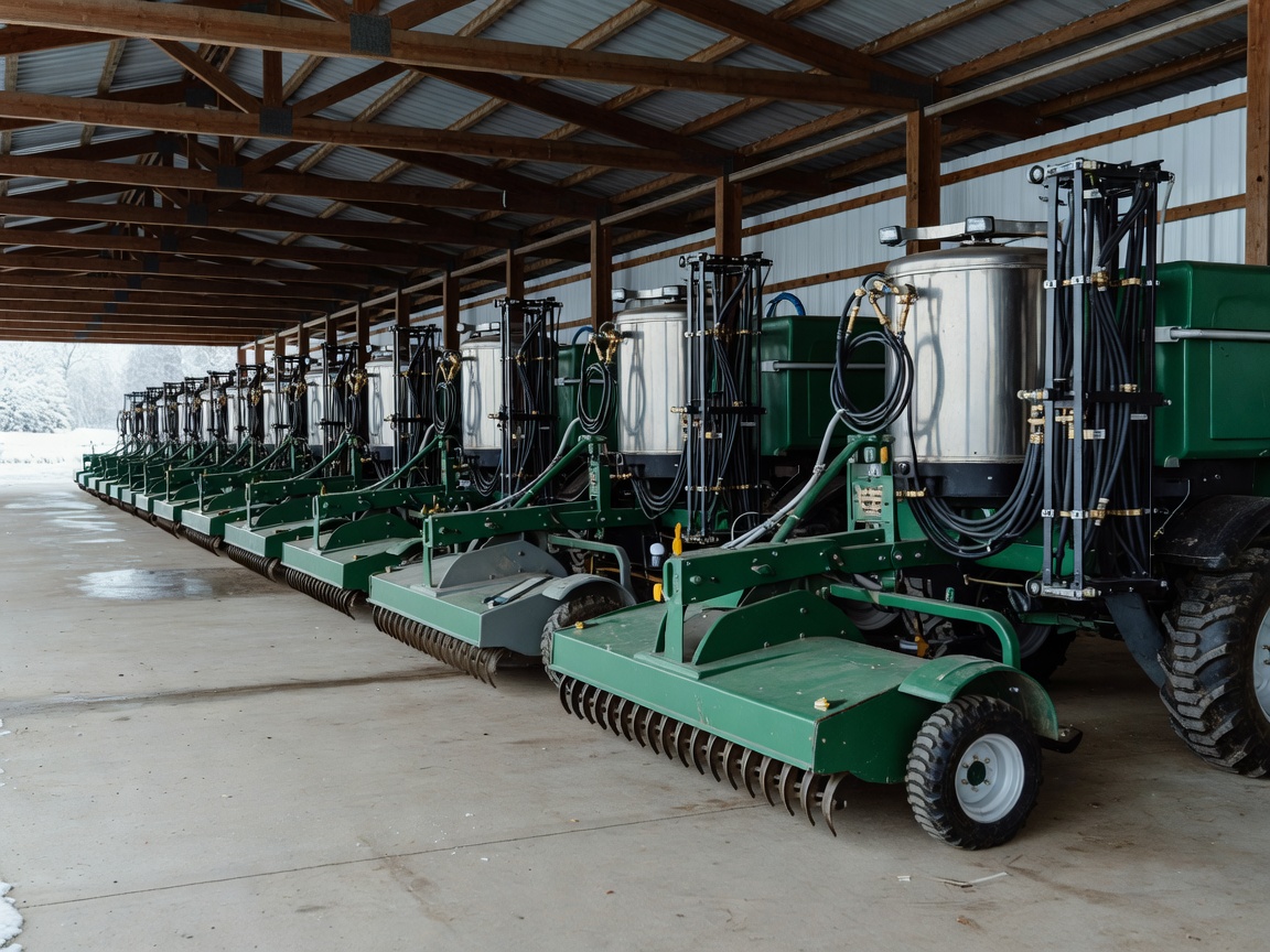 Row of orchard sprayers and flail mowers parked in a clean covered winter equipment barn