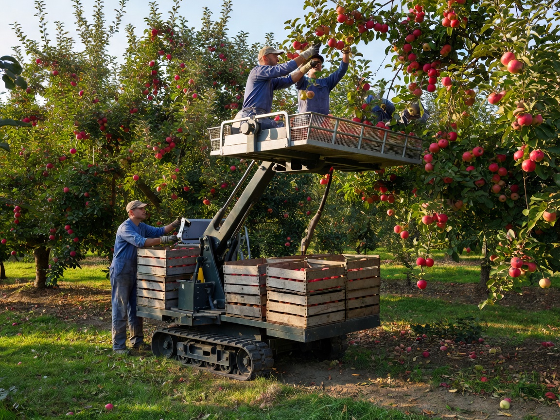 Self-propelled fruit picking platform and bin carrier positioned alongside an orchard canopy