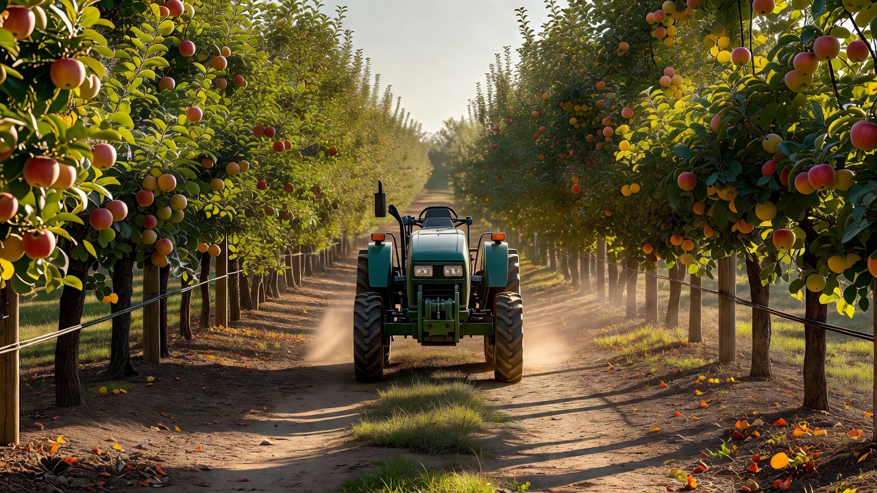 Specialized narrow orchard tractor operating between trellised apple tree rows in afternoon light