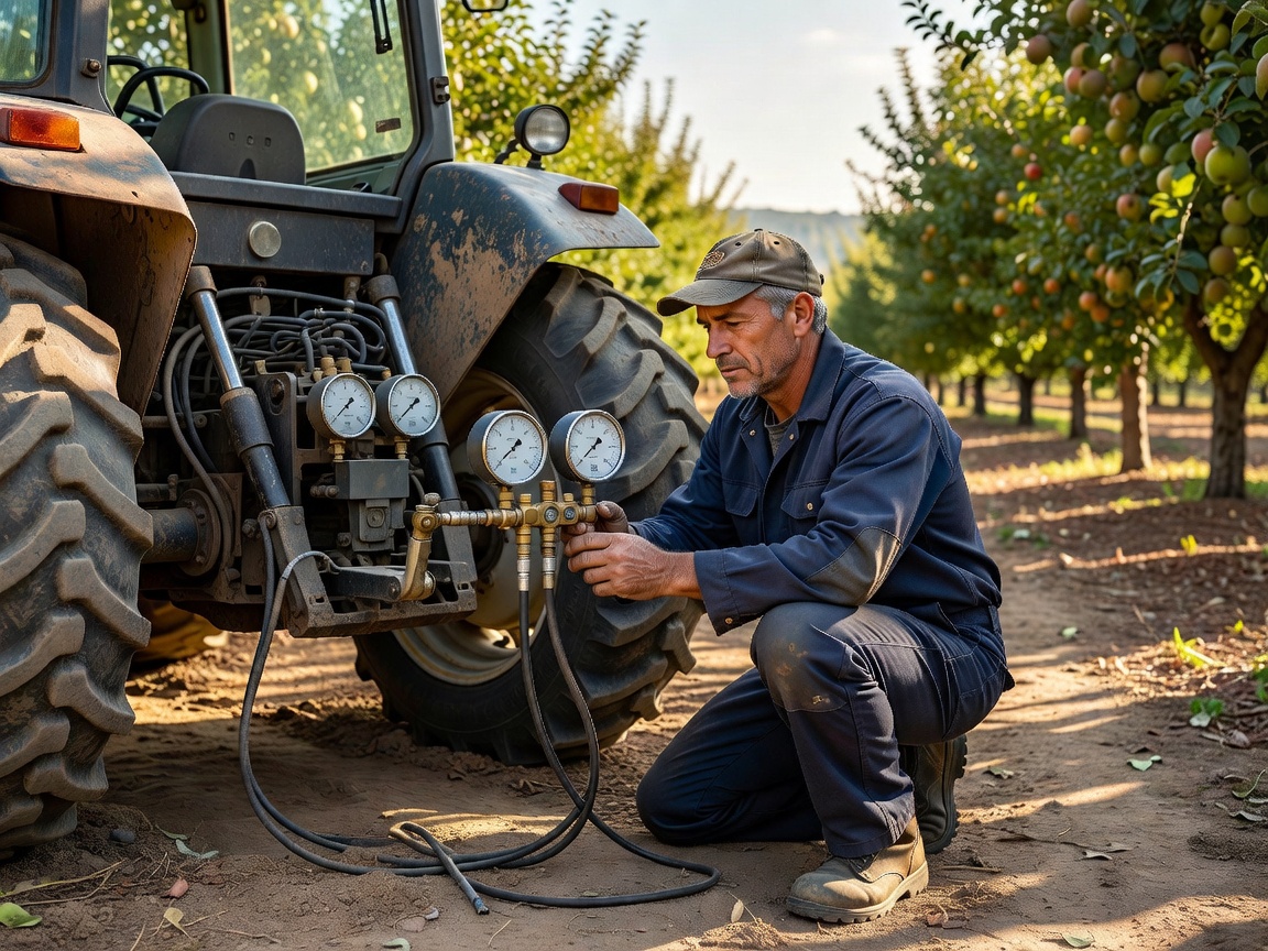 Technical field technician measuring hydraulic pump pressure with calibrated manifold gauges on an orchard tractor