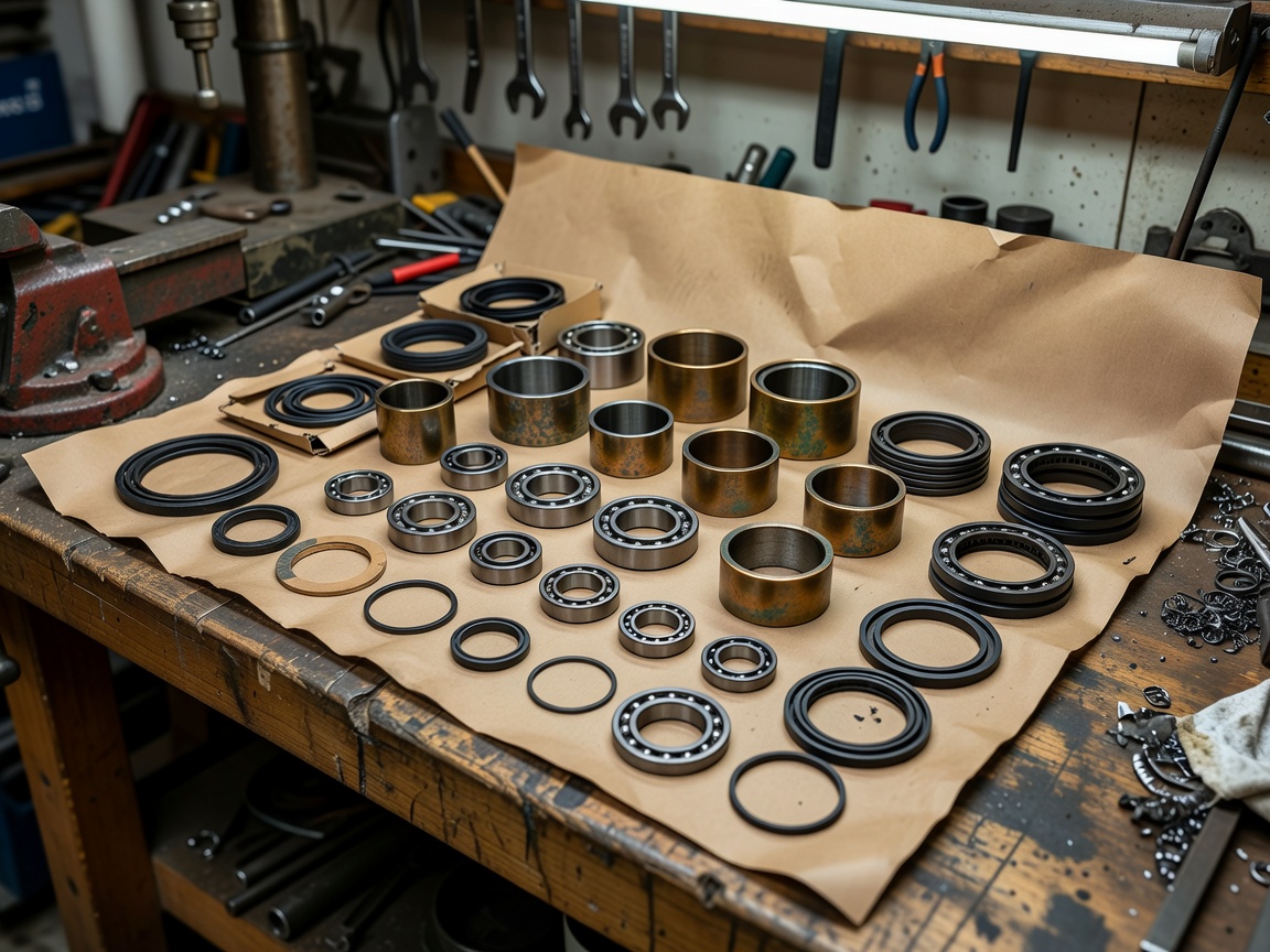 Workshop workbench with replacement bronze bushings, bearings, and hydraulic seal kits